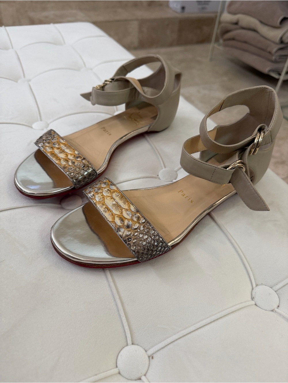 Christian Louboutin Taupe and Metallic Snake-Print Ankle-Strap Sandals